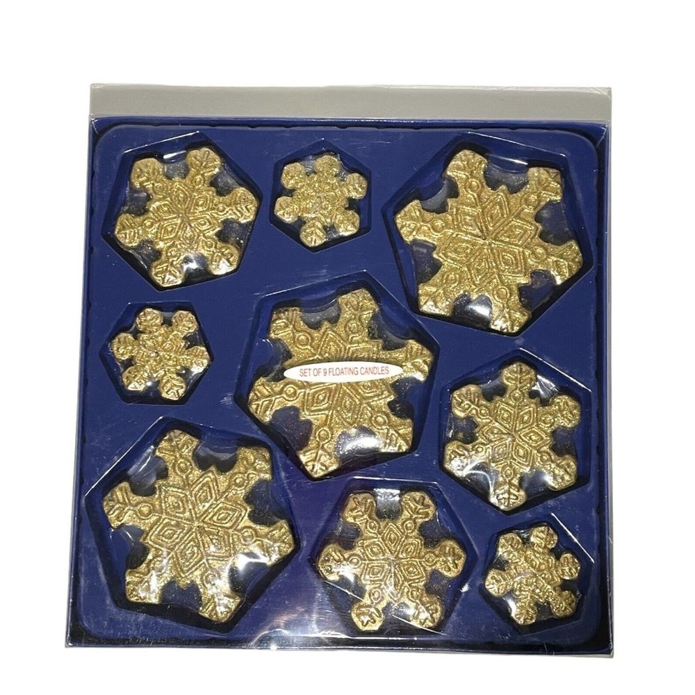Stonia Creations Floating Gold Glitter Snowflake Candles Set of 9 3 Sizes NEW
